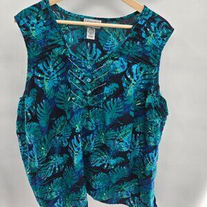 Catherines Black Blue Green Tropical Plant Beaded Buttons Cotton Tank 4x 30/32W